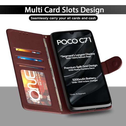 Image of Amazon Basics Flip Cover for Poco C71 / Redmi A5 Leather Finish | Wallet Stand and Shock Proof | Inside TPU with Card Pockets | Complete Protection Flip Case(Brown)