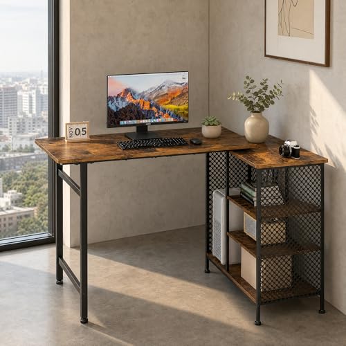 Uzelia Escritorio Gamer en L con Estantes de 3 Niveles, Escritorio para Computadora Extensible, Mesa de Oficina Industrial con Marco de Metal, Repisas...
