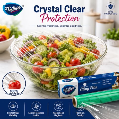 Image of Feather's Cling Film Food Wrap | Biodegradable | Multipurpose Food Wrapper | Eco-Friendly | Food Grade Quality for Sandwich, Fruit, Rolls, Lunch | Non-Stick | Microwave Safe (Pack of 2, 30m Each)
