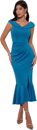 Angel-fashions Women's V Neck Blue Cocktail Dress Ruched Formal Dresses Slit and