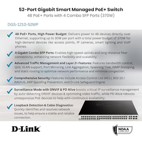 Image of D-Link 52-Port Gigabit Smart Managed PoE+ Switch | 48 PoE+ Ports (370W) + 4 Combo SFP Ports| L2+ |VLANs |Web Managed |Surveillance Mode | Rackmount | NDAA Compliant | Lifetime Warranty (DGS-1210-52MP)