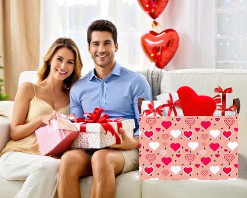 Image of Large Valentine's Day Basket Heart Shaped Storage Bin for Gifts Collapsible Organizer Room Decor (Pink Bottom Red White Love)
