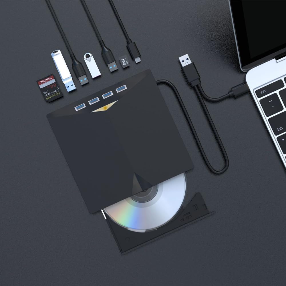 Lecteur CD DVD Externe, Lecteur Optique Externe USB 3.0 7 en 1, Graveur DVD Mobile, Extension de Carte, Ordinateur Externe de Bureau, Ordinateur Portable, Lecteur Optique Externe