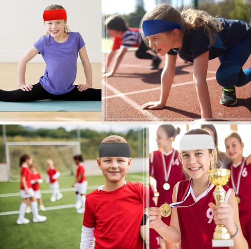 Image of Jeffbaubl 12 Pieces Kids Athletic Sweatbands, 6 Colors Boys Headbands, Boys Sports Headbands, Soft Athletic Headband, Kids Sweatbands, Wicking Elastic Hairband for Girls Boys Toddler Children
