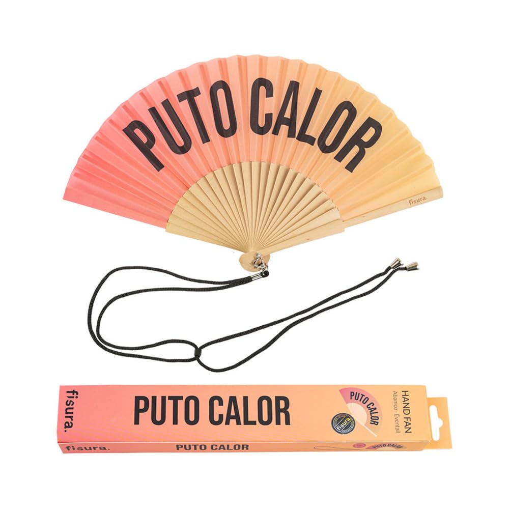 Fisura Heat, Gradient Red - Original Handheld Folding Fan With The Message In Spanish. Wooden Fan. Original Holding Hand Fans. Fan With Hanger Included (Calor, Red Gradient)