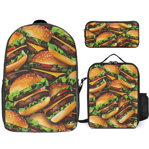 Cheeseburgers Hamburgers Print Backpack Sets with Lunch Bag and Pencil Case Casual 17 Inch Daypack Set for Men and Women