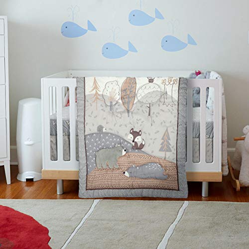 Image of MALAK Baby Crib Bedding Set 3 Pieces Grey Bear/Owl Jungle Animals Toddler Crib Bedding for Boys & Girls