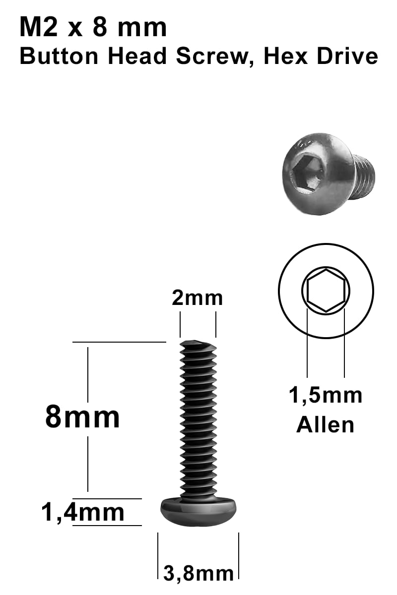 200 viti nere M2 x 8 mm con testa tonda esagonale per chiave a brugola, in lega di acciaio, classe 12.9, lunghezza: 8 mm, testa a bottone, ISO 7380, acciaio al carbonio ad alta durezza