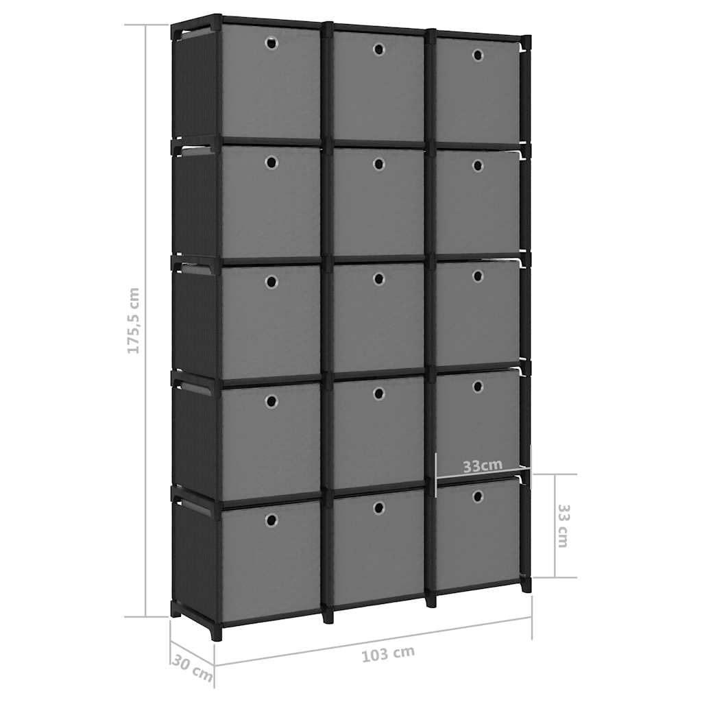 Estantería con 15 cajas, color negro, 103 x 30 x 175,5 cm | Divisor versátil para sala de estar y oficina, construcción robusta de acero y poliéster con inserciones de tela.