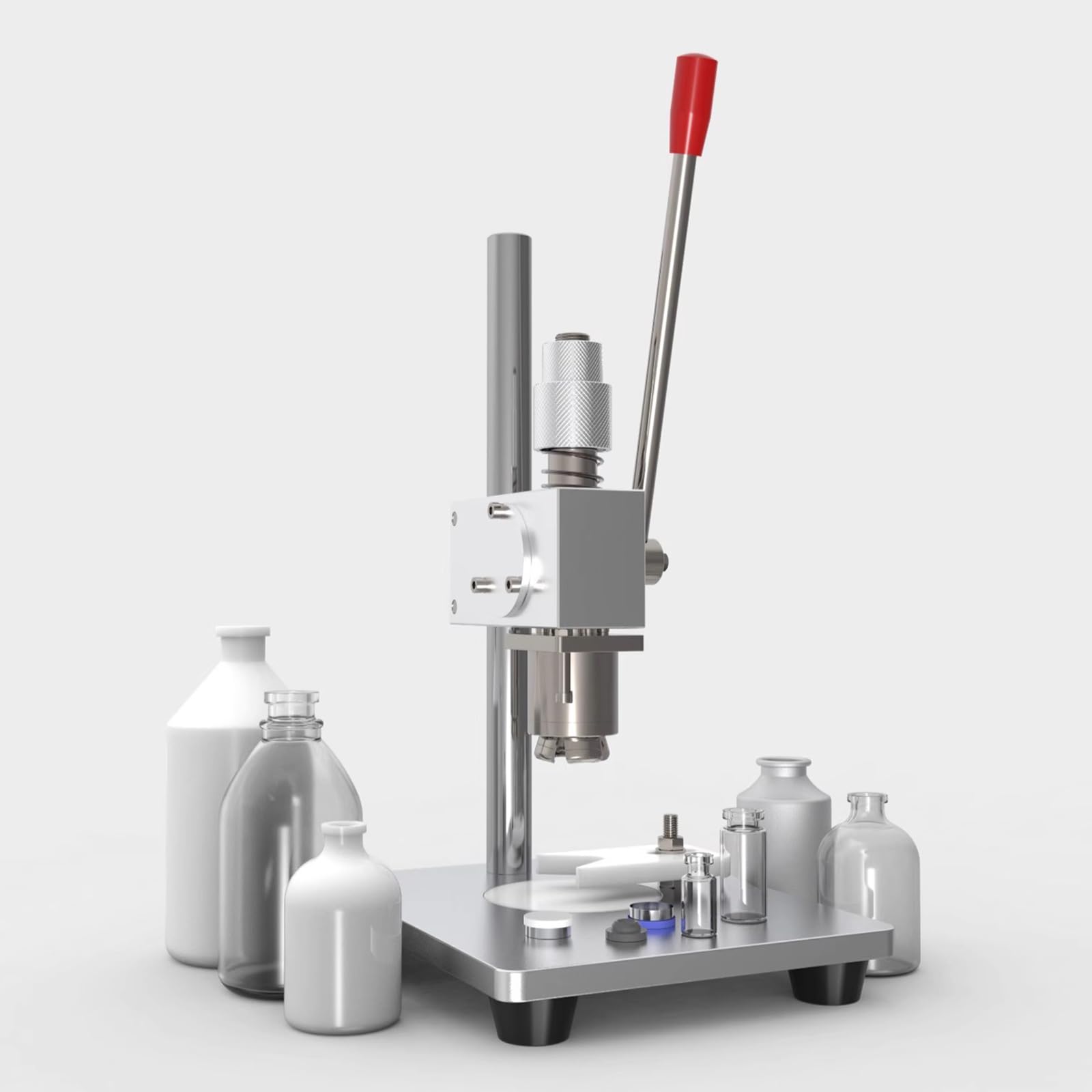Máquina selladora y prensadora de Viales Manual, para perfumes, Altura Ajustable, Tapa de Aluminio y plástico, eficiencia de 20 Botellas/min.
