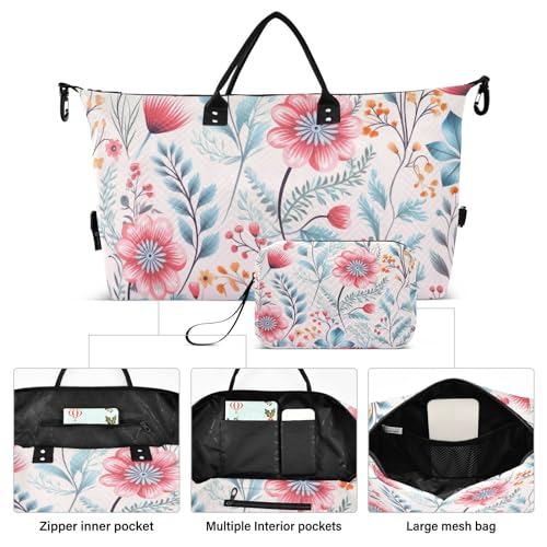 Large Travel Duffel Bag, Handdrawn Floral Sports Tote Gym Bag, Shoulder Weekender Overnight Bag for Women Men, Carry On Luggage with Toiletry Bags2