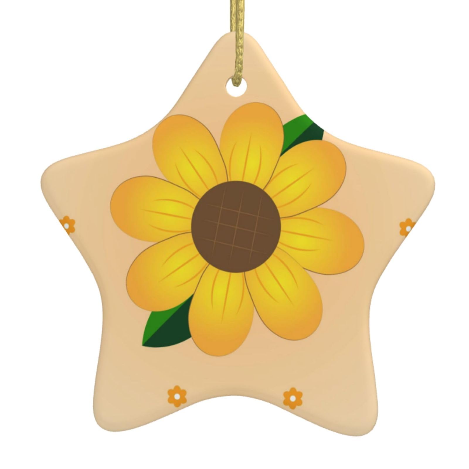 Golden Sunflower Christmas Ceramic Star Pendant with Punched Holes and Gold Wire Rope, Christmas Tree Home Decoration
