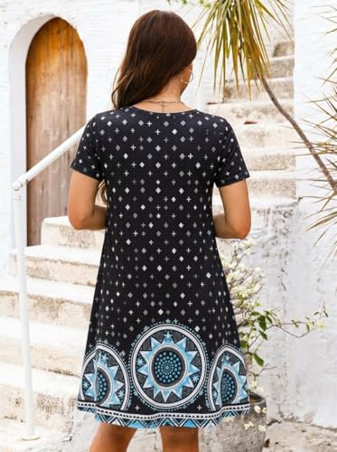 Image of Heymoments Women's Short Sleeve Crewneck Sundress Summer Casual A-Line Beach Dress with Pockets S-2XL