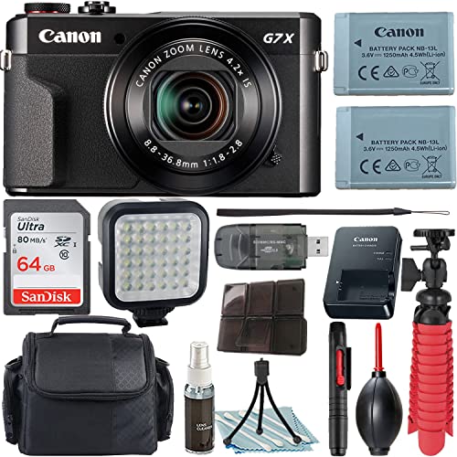Camera Bundle for Canon PowerShot G7 X Mark II Digital Camera Black with Wi-Fi and NFC + Accessories Kit (64GB, Flexible Tripod, LED Light, and More)