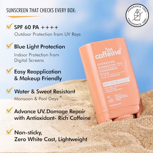 mCaffeine Hydrating Sunscreen Stick SPF 60 PA++++ with 1% Squalane, Ceramides, Hyaluronic Acid & Kombucha Tea for UVA-UVB & Blue Light Protection +... - Image 3