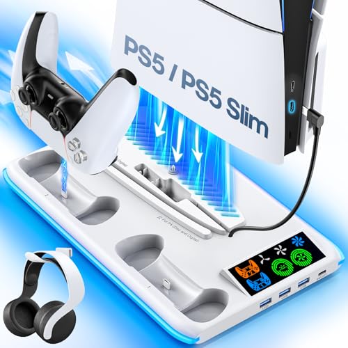 PS5 Slim / PS5 Cooling Station with 3-Level Cooling Fan, PS5 /PS5 Slim Stand with Controller Charger for All Playstation 5 Console, PS5/ PS5 Slim Accessories, PS5 Cooler with RGB Charging Station