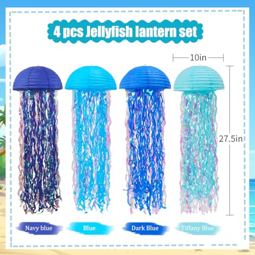 Image of Jellyfish Paper Lanterns Under The Sea Party Decorations Hanging Blue Jellyfish Lanterns for Baby Shark Mermaid Birthday Party Decorations Baby Shower Classroom Decor Pack of 4 Blue