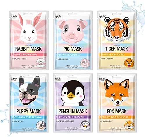 Epielle Character Sheet Masks | Animal Spa Mask Korean Beauty Mask -For All Skin Types, (Pack of 6) | Birthday Party Gift for her kids, Spa Day Party, Girls Night, Spa Night, Beauty Gift (Assorted 6 packs) | Skincare Party Favors