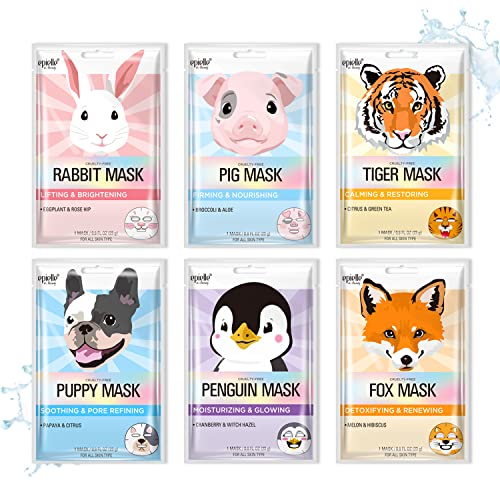 Epielle Character Sheet Masks | Animal Spa Korean Beauty Masks – For All Skin Types, (Pack of 6) | Birthday, Girls Night, Thanksgiving Gift