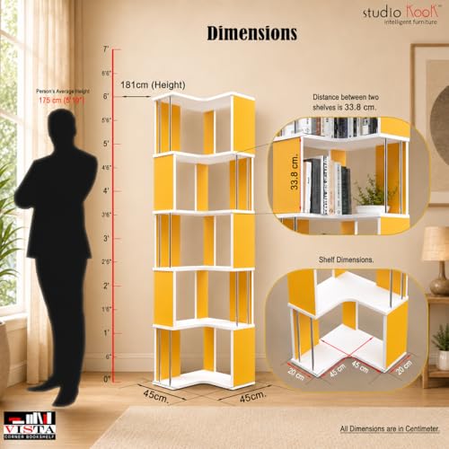 Image of Studio Kook Vista Engineered Wood Corner Bookshelf | Bookcase (Matte Finish) (Sunshine Yellow)