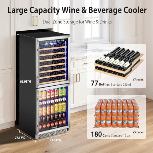 Image of ORYMUSE 24 Inch Dual Zone Wine and Beverage Refrigerator, 180 Can / 77 Bottle Capacity Built-In Freestanding Wine Fridge with Glass Door, Drink Cooler for Kitchen Home Bar, Blue LED Light