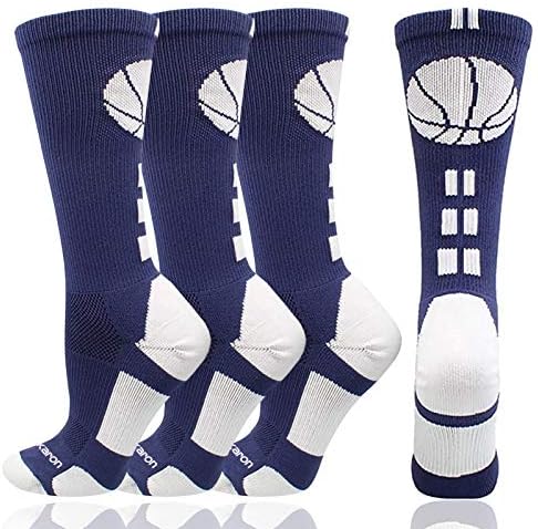 Londkaron Elite Basketball Socks with Basketball Logo, 2 Pairs of Soft & Light Athletic Crew Socks (Navy/White, Small)