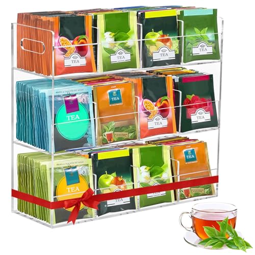 mumisuto Acrylic Tea Box 3 Tiers, Tea Bag Storage Box with 12 Compartments Hold Up 216 Tea Bags, Vertical Tea Bag Holder Space Saving for Storing Tea Spices Coffee Capsules and Sugar