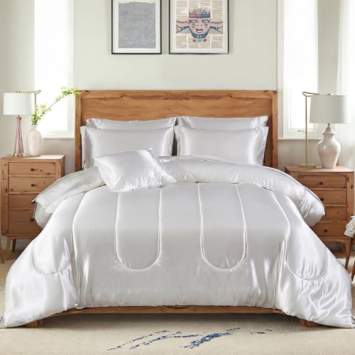 Bedding_Dreamer White Satin Comforter Set King Size, 8 Piece Bed