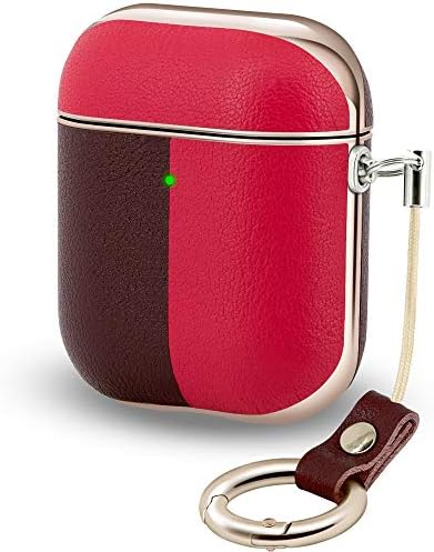 Airpods Leather Case Cover with Keychain, Falandi Red Brown Genuine Leather Plated Rose Gold Protective Cover Case for Apple AirPods 1 & 2 for Woman [Front LED Visible], (Red & Brown)