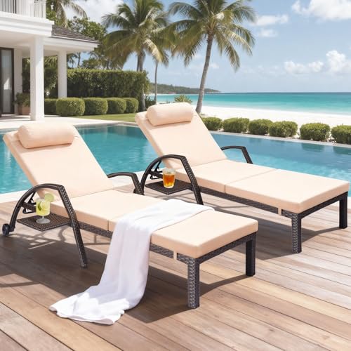 Patio Wicker Lounge Chairs Set with Cushions and Tray
