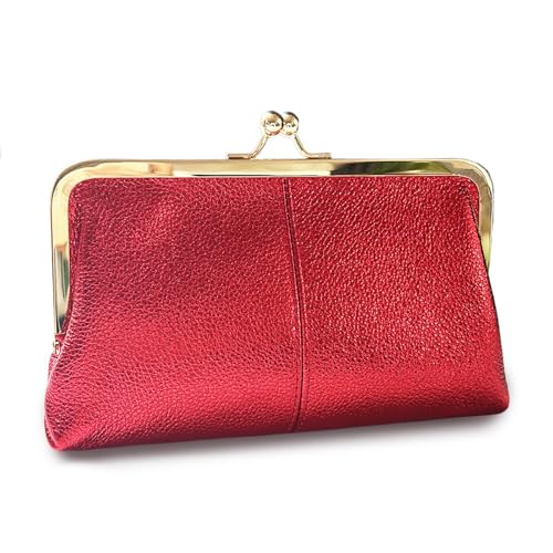 Image of Vintage Kiss Lock Leather Wallet for Women, Clutch, Metallic Red | Genuine Leather, Multi-card Slots Card Holder Clutch Purse Travel Wallet