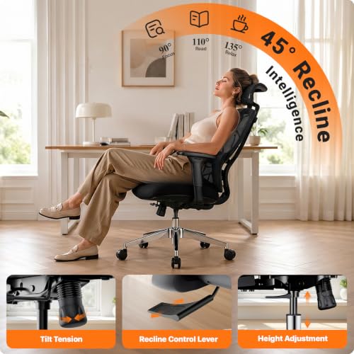 Image of Jacia House Big & Tall Ergonomic Office Chair with Lumbar Support | Breathable Mesh Back, 135 Recline, 360 Swivel, Sliding Seat, 2D Removable Headrest, 4D Armrest for Home Office & Gaming