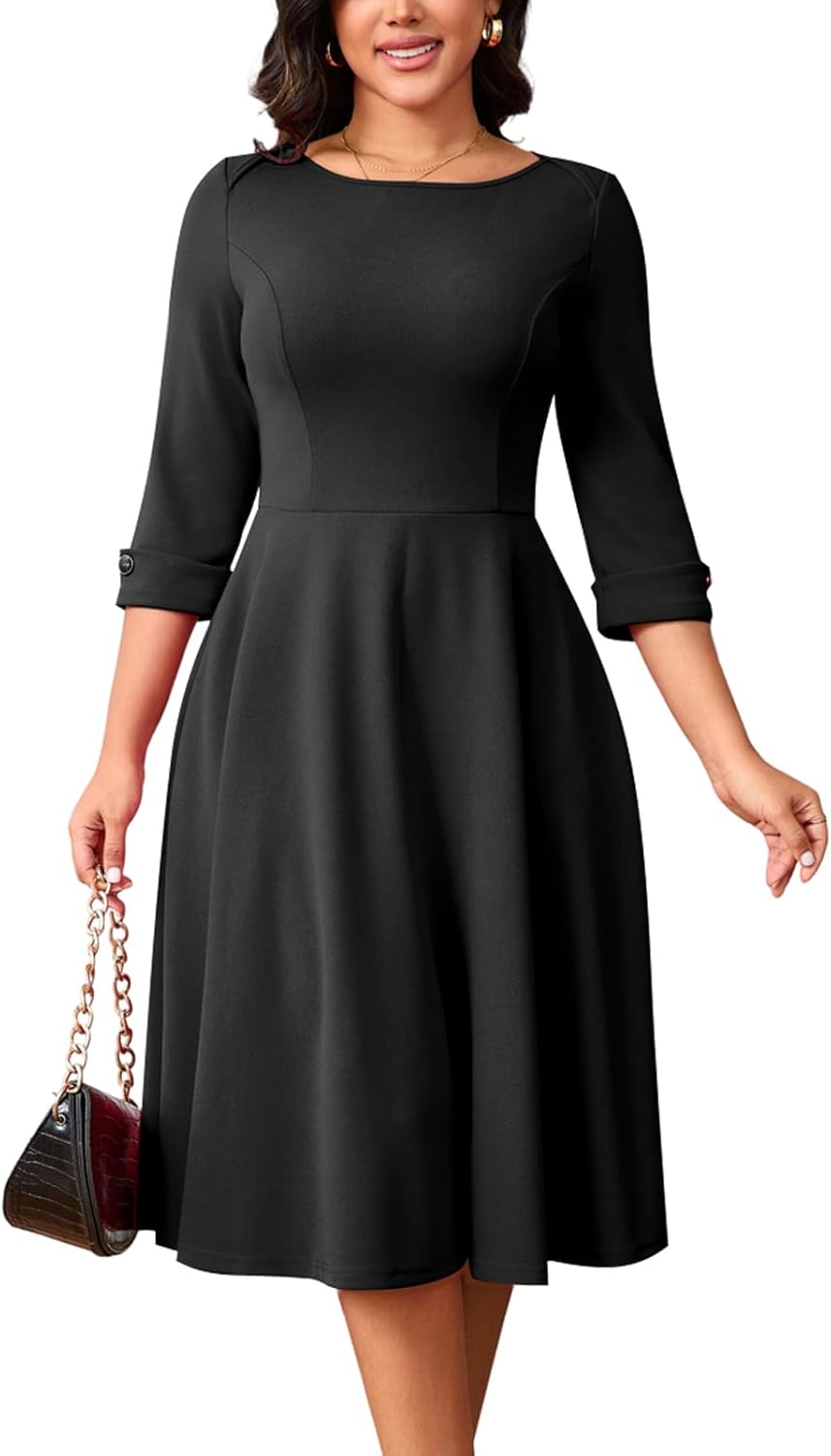 Work Dresses for Women Fit and Flare 3/4 Sleeve A-Line Silhouette Elegant Business Church Party Midi Dress with Pockets