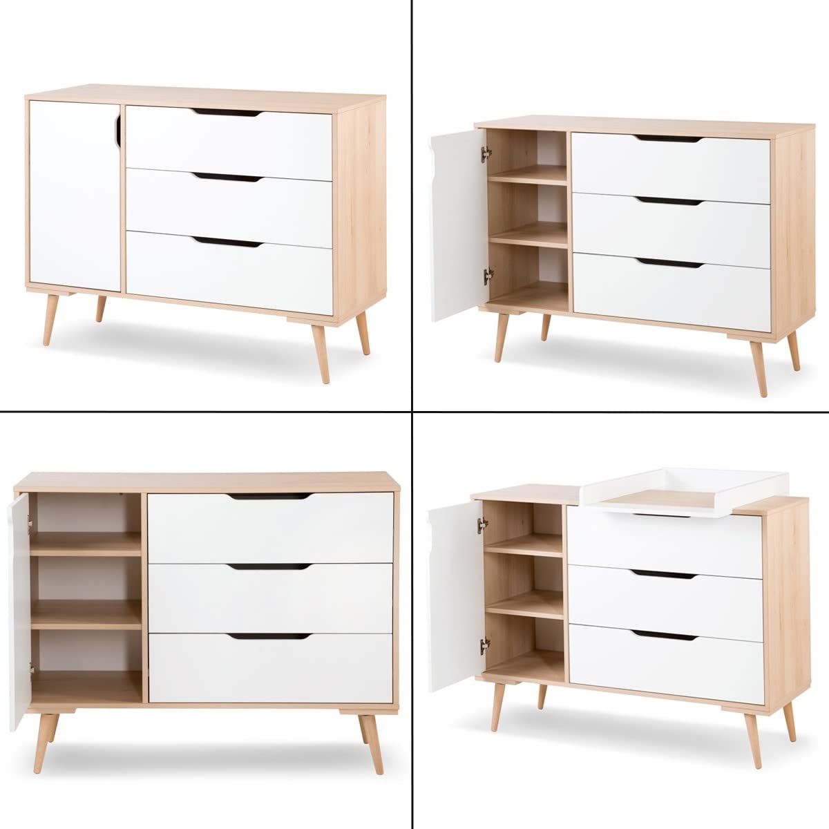 Mon Mobilier Design Sofie Commode à Langer à tiroirs et étagères Style scandinave Blanc/Bois