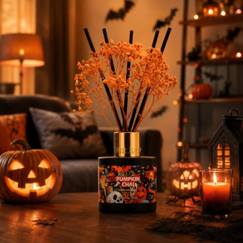Image of Airkeep Halloween Reed Diffuser Set,3.38 fl oz (100 ml) - Pumpkin Chai Oil Diffusers with 8 Reed Sticks, Home Fragrance Reed Diffuser for Bathroom Shelf Decor