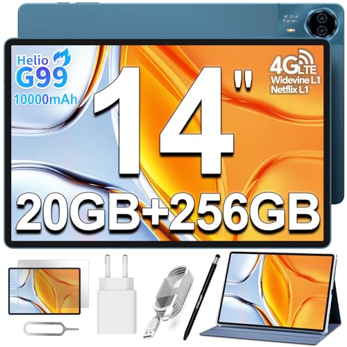 TECLAST T70 Tablet 14 Zoll Top Gaming Tablets Großes Display, Helio G99 2.2GHz Octa-Core, 20GB RAM+256GB ROM(8TB TF), 10000mAh/18W, Dual SIM 4G LTE, Widevine L1/GPS/13MP/Android Tablet mit Hülle+Stift
