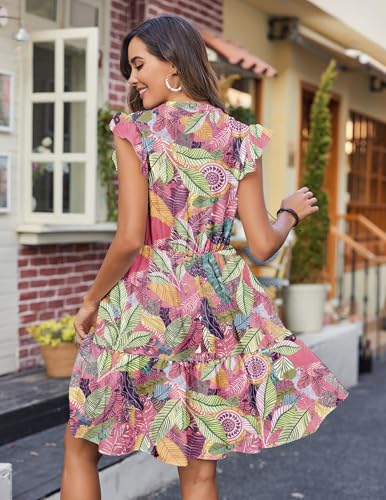 Image of HOTOUCH Women Printed Dress for Summer Short Ruffle Sleeve Dress Tiered Mini Dress with Pockets