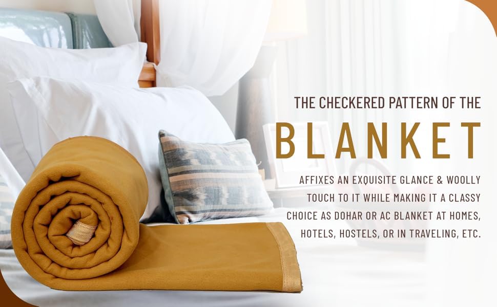 Image of Modern Check All Season Polar Fleece Double Bed Blanket, 90x90 Inches - Camel