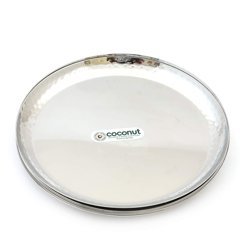 coconut Stainless Steel Hammered Dinner Plate/Thali/Kumcha – Pack of 6, Heavy Gauge Steel Plates for Dining – Durable – Traditional Indian Dinnerware for Daily Use & Festive Serving-image-42