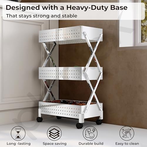 Image of Plantex 3-Tier Vegetable Rack for Kitchen Trolley /Basket for Kitchen Storage /Stainless Steel Multipurpose Storage Fruit,Onion, Potato Storage Stand /Heavy Duty Rolling Utility Cart-(Chrome)