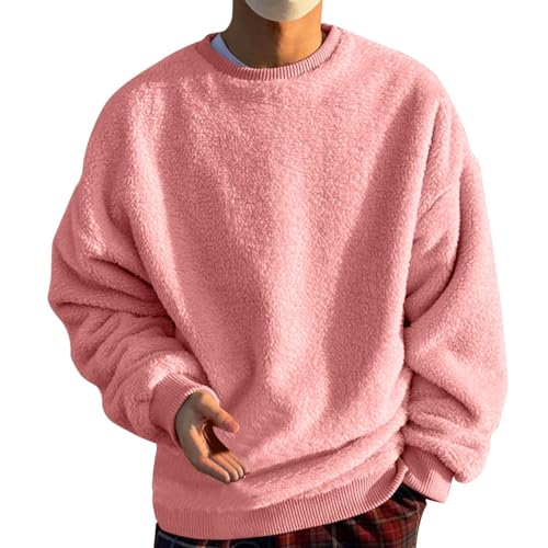 Mens Fuzzy Sherpa Sweatshirt Long Sleeve Fluffy Crew Neck Pullover Fall Winter Warm Tops Cozy Soft Pajamas Oversize