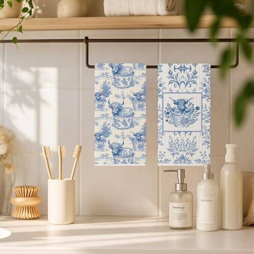 Image of Vintage Blue Chinoiserie Floral Highland Cow Kitchen Towels, Highland Cow Gifts Dish Tea Towels, Grandmillennial Farmhouse Heifer Decorative Hand Towel for Bathroom, 16x24 Inch Set of 2