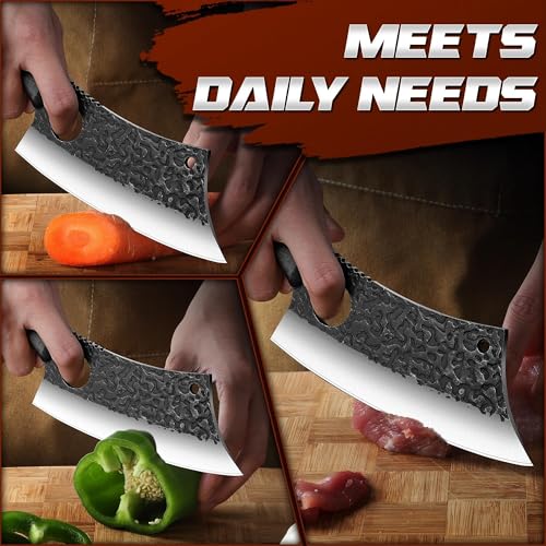 Image of ROCOCO Meat Cleaver Butcher Knife - Full Tang Knife & Sheath Gift Idea Men | Sharp Hand forged Knife for Home Outdoor BBQ Camping Mother Father Gift Idea Men Black 6.3 inch