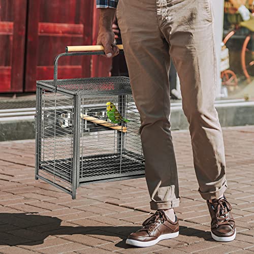 Pawhut Metal Parrot Cage Bird Carrier Travel Wooden Perch Cup Holder Handle Black - Image 2