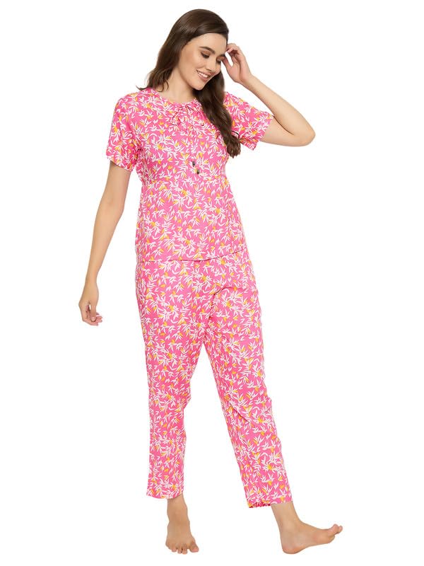 Image of Clovia Women's Rayon Printed Top & Pyjama Set- Pink
