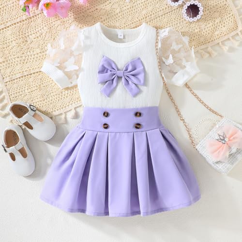 Image of Girls Summer Outfits Toddler Mesh Short Sleeve Ribbed Knit Top Mini Skirt Set Kids Clothes 2-7 Years(Purple, 2-3T)