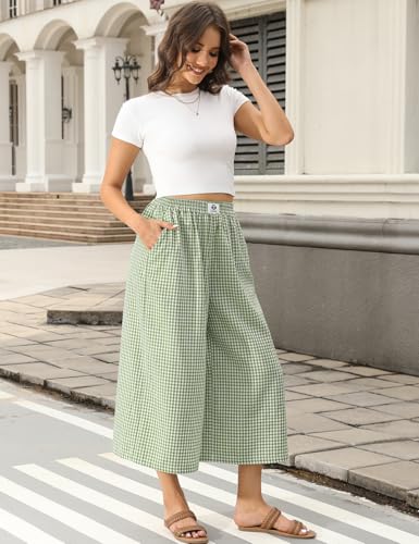 Image of TARSE Women Wide Leg Capri Pants Loose Gingham Plaid Culottes Summer Elastic Waist Palazzo Trousers Bottoms with Pockets