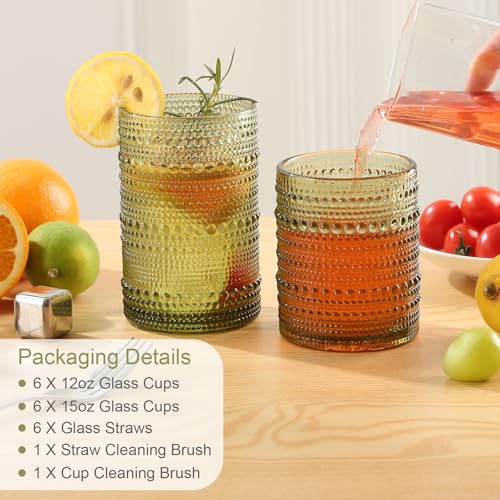 Image of ZMOWIPDL Drinking Glasses Set of 12,Green 12oz & 15oz Hobnail Glass Cups | Vintage Glassware,Embossed Water Tumbler,for Beer,Cocktail,Whiskey,Juice and Various Mixed Drinks- 1 Cleaning Brush