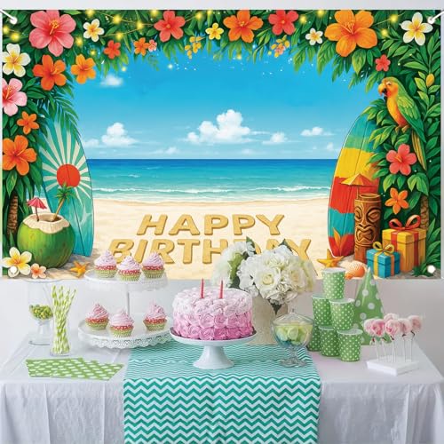 Image of Summer Hawaiian Birthday Backdrop Tropical Flower Beach Party Decorations Banner 71 x 43 Inch Surfboard Parrot Coconut Background for Kids Adults Happy Birthday Photography Props