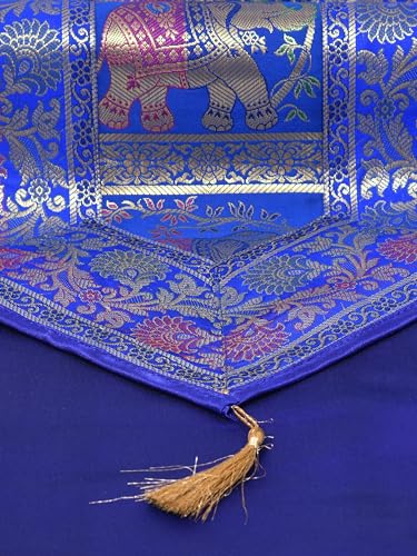 Image of Banarasi Brocade Zari Silk Table Runner Dinning & Centre Table Runner 177 By 30 CM (Blue, Elephant)